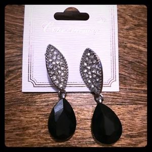 Silver tone clear rhinestone and black earrings